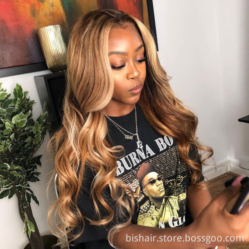 Ombre 1b/27# Long Body Wave Brown T Part Transparent Lace Highlighted Human Hair Wigs 10a Highlight Body Wave Lace Front Wigs